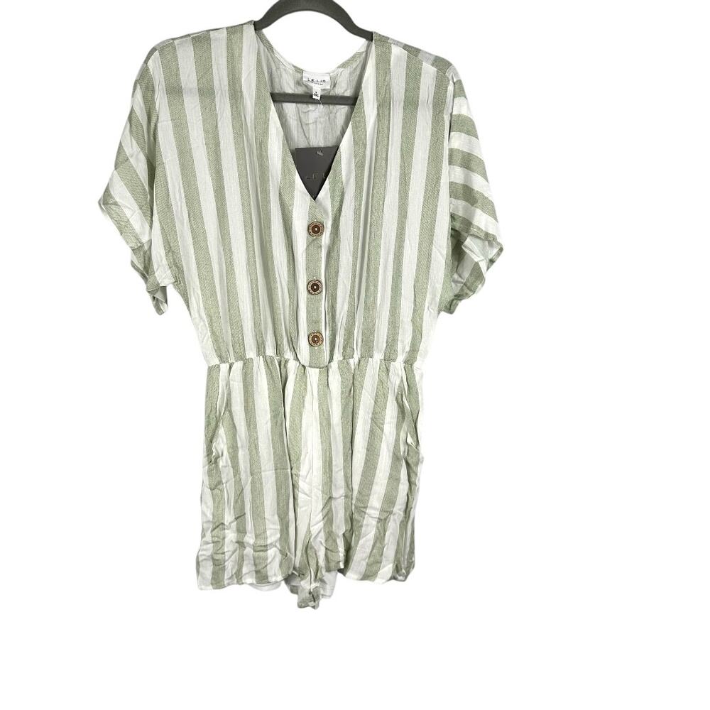 LE LIS Soft Green and White Striped Romper Small
